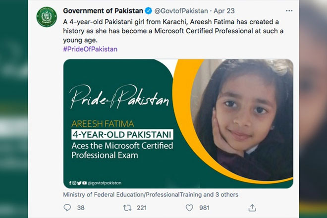 Fatima được vinh danh trên Twitter của chính phủ Pakistan.