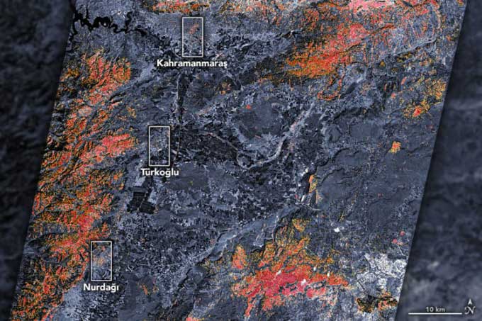  Bản đồ vệ tinh về thiệt hại động đất ở miền nam Thổ Nhĩ Kỳ. 