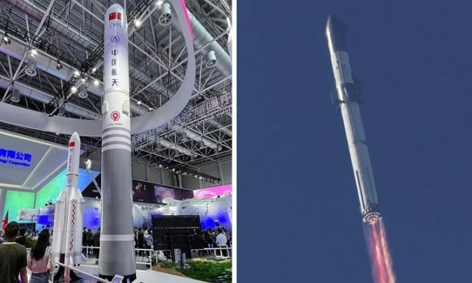  Mô hình tên lửa Trường Chinh 9 (trái) và hệ thống phóng Starship (phải) 
