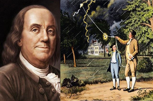 Benjamin Franklin cùng con trai trong thí nghiệm thả diều, khởi nguồn cho cột thu lôi chống sét.