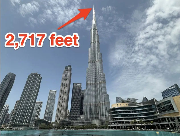 Tòa nhà Burj Khalifa cao 2717 feet (khoảng 828m).