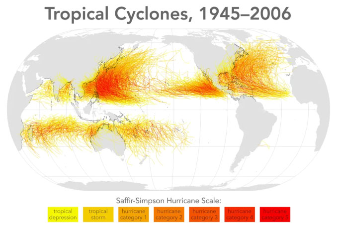 Bão nhiệt đới trong giai đoạn 1945 - 2006 tránh đường xích đạo.