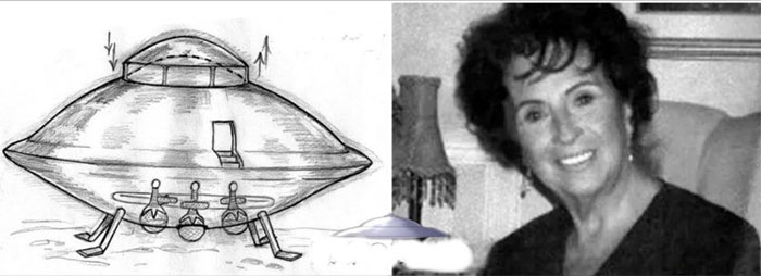 Betty Andreason Luca (phải) và phác thảo vật thể bay đã bắt cóc bà.