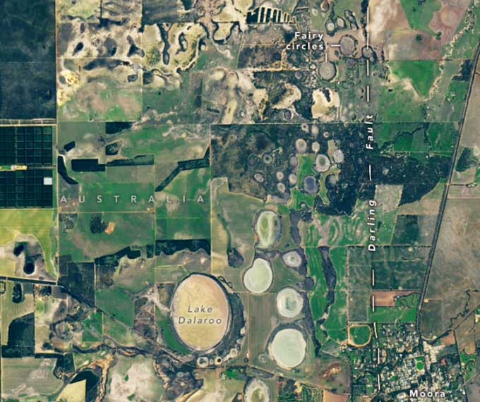 Vệ tinh Landsat 9 chụp ảnh các vòng tròn thần tiên gần thị trấn Moora, Australia.