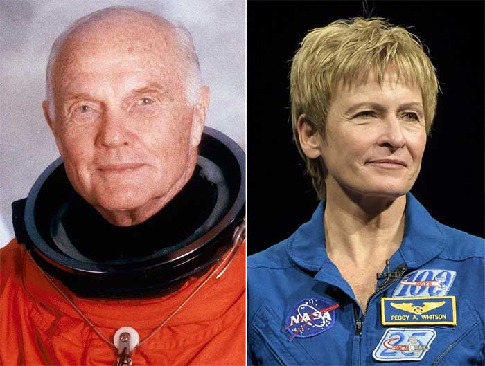 John Glenn (trái) và Peggy Whitson là những người cao tuổi nhất từng bay vào không gian