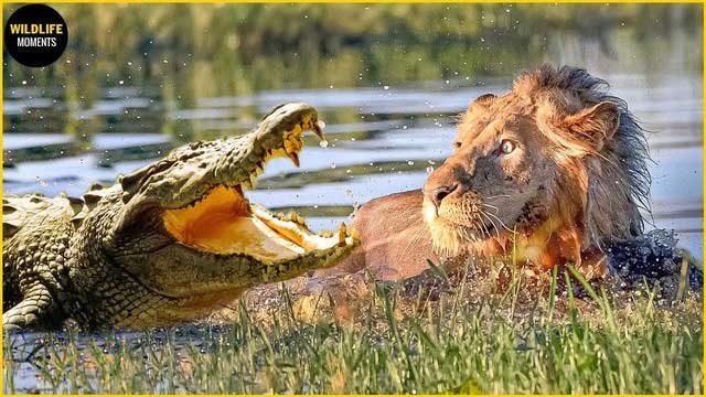 Phương thức tấn công của cá sấu có phần bất lợi khi chiến đấu trên cạn với sư tử.