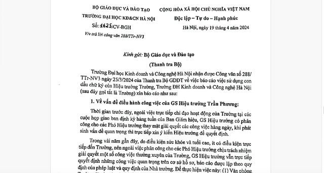 Công văn 1625 của HUBT gửi Thanh tra Bộ GD-ĐT chủ yếu xoay quanh vấn đề nhà trường sử dụng chữ ký khô của GS Trần Phương