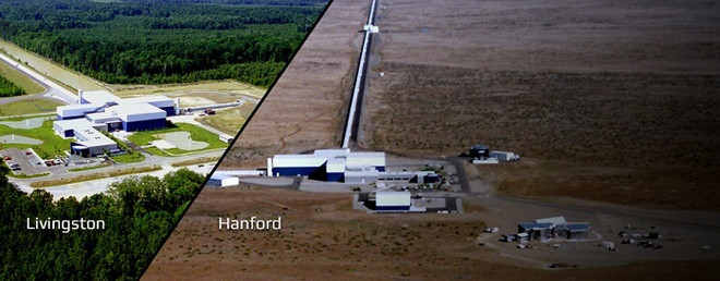 Toàn cảnh hai phòng thí nghiệm đặt LIGO tại Livingston, Lousiana và Hanford, Washington, Mỹ. 
