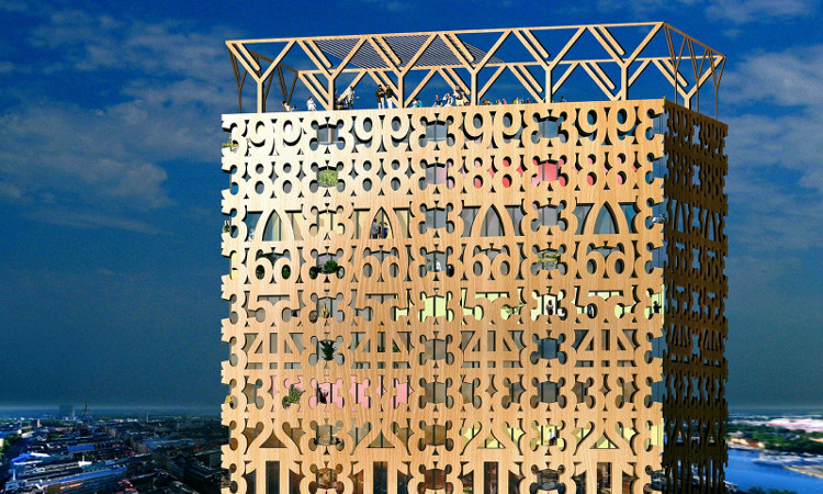 Hình ảnh thiết kế của tòa nhà bằng gỗ tại Stockholm.
