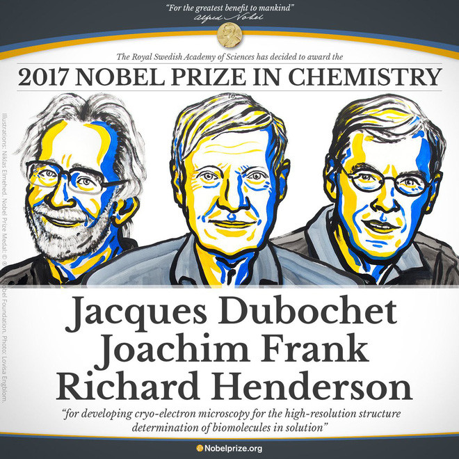 Giải Nobel Hóa học năm 2017 dành cho 3 nhà khoa học đóng góp vào công nghệ Cryo-EM.