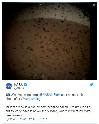 Tàu thăm dò InSight "tiếp đất" thành công trên bề mặt sao Hỏa.