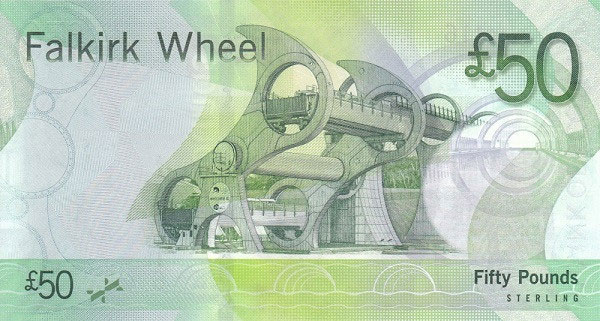 Bệ thống nâng tàu Falkirk Wheel đã được in trên tờ 50 bảng Scotland
