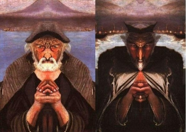 Hai khuôn mặt ông lão đánh cá sẽ biến sắc nếu đặt gương phản chiếu về bên phải.