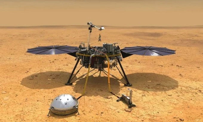  Mô phỏng trạm InSight hoạt động trên bề mặt sao Hỏa. 