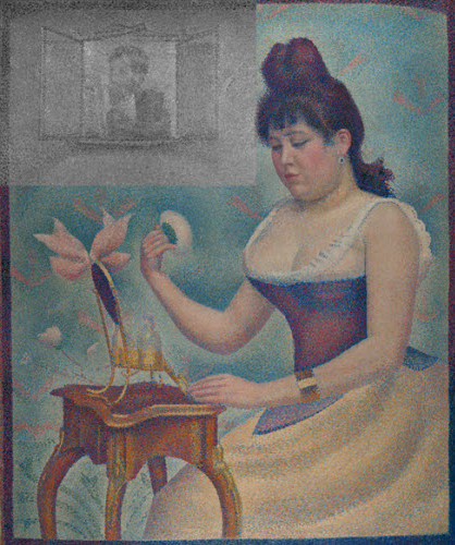 Trong bức tranh, một người phụ nữ đang ngồi trang điểm.