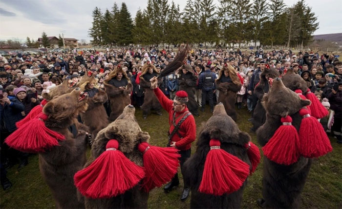 Các thành viên của đàn gấu Sipoteni biểu diễn tại lễ hội ở Racova.